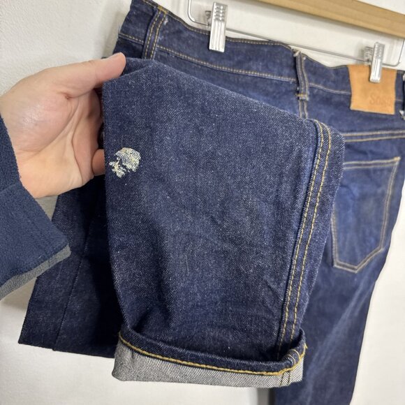 SoSo Selvage Mens 34X32 Dark Blue Denim Jeans Button Fly Skinny Leg Japan - Picture 5 of 13